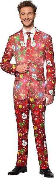 Suitmeister Light-Up Christmas Suits for Men in Different Prints – Ugly Xmas Sweater Costumes Include Jacket Pants & Tie